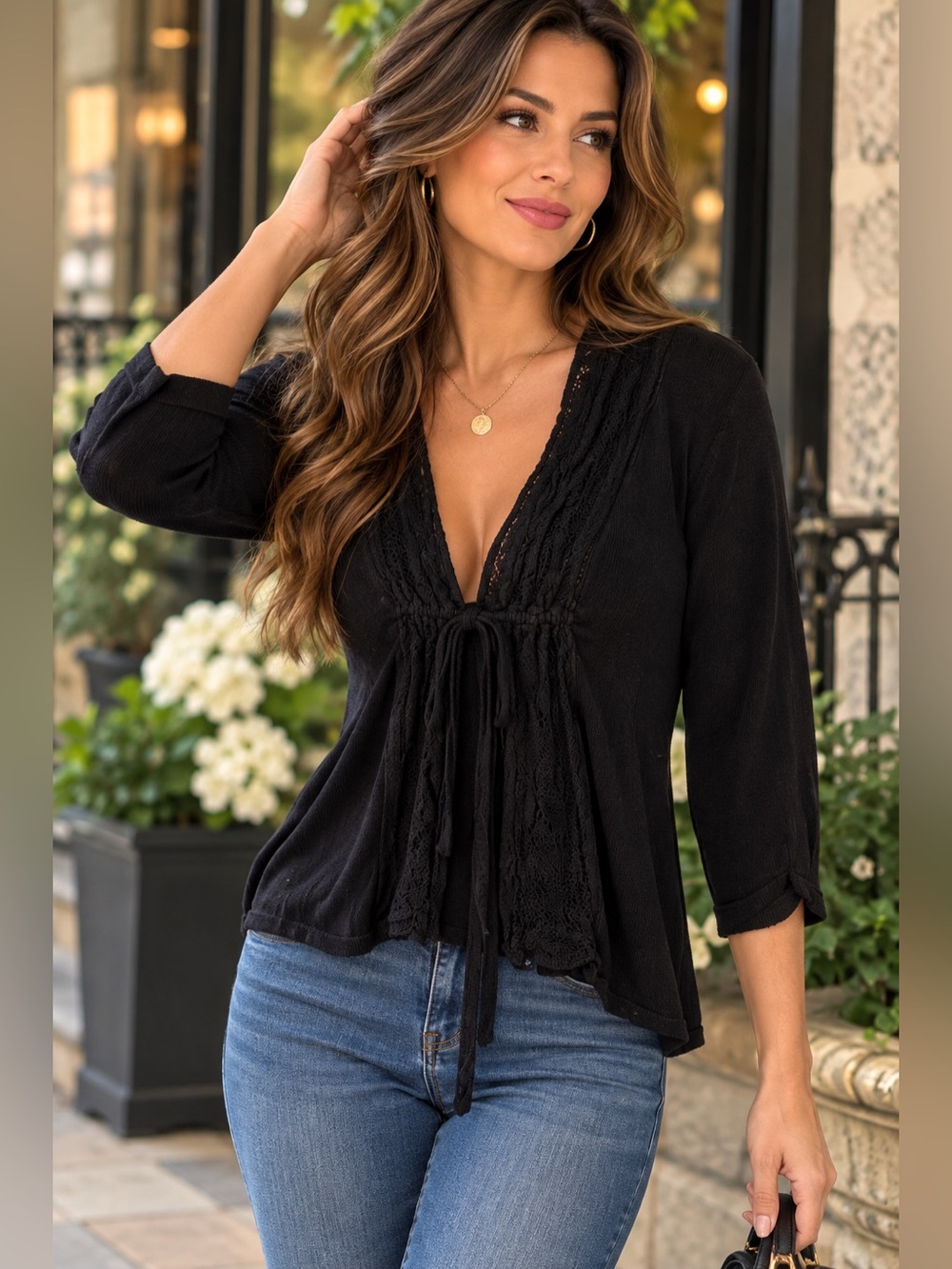 Jones Wear Black Boho Knit Drawstring Empire Waist Sweater Top Medium